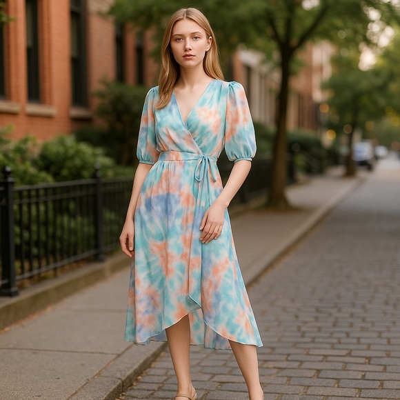 NWT Calvin Klein Tie-Dyed Wrap Midi Floral Asymmetric Dress - Picture 1 of 7